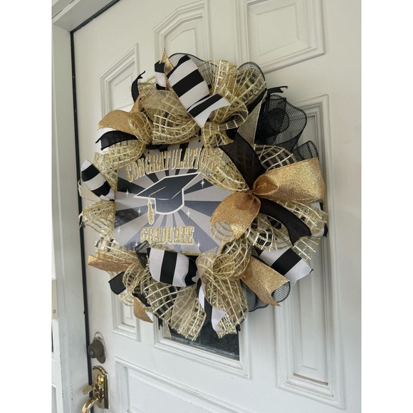Congratulations Graduate Ribbon & Deco Mesh Wreath Door Hanger, Graduation Gift - Picture 6 of 7